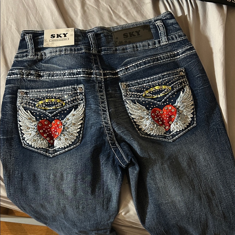 Sky Denim Jeans with Red Heart and Wings